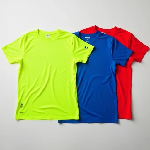 Flat lay of activewear T-shirts in bright red, neon green, and blue - moisture-wicking fabric and athletic fit sports tees from Indian performancewear manufacturer Tiruppur.