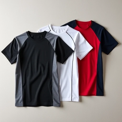 Flat lay of seamless activewear T-shirts in grey and navy showing ribbed zones and smooth technical knit - high-stretch gymwear produced by Tiruppur apparel factory.