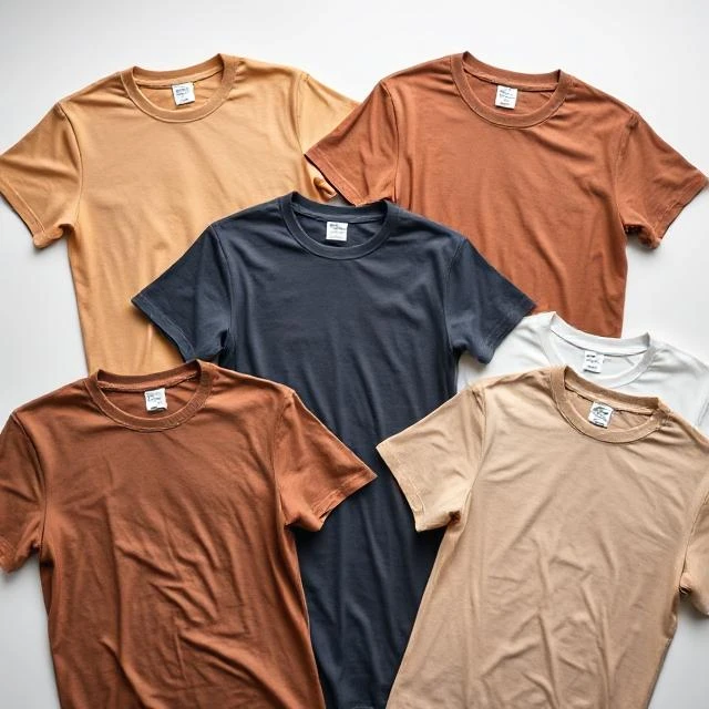 Flat lay of plain custom T-shirts ready for startup brand printing in earthy tones with ribbed neckline detail - low-MOQ private-label T-shirt manufacturer Tiruppur India.