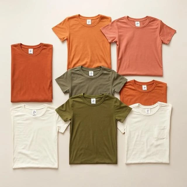 Flat lay of organic cotton T-shirts in terracotta, clay and olive earth tones - GOTS-certified eco T-shirt collection from Tiruppur India.