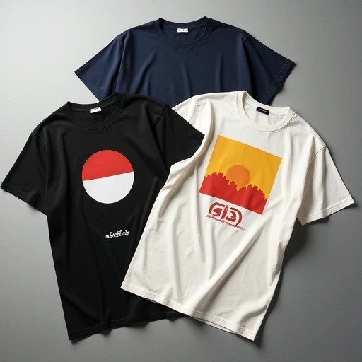 Flat lay of oversized T-shirts with printed chest graphics and minimal artwork in navy, black, and off-white colors - export-quality streetwear T-shirt manufacturer India.