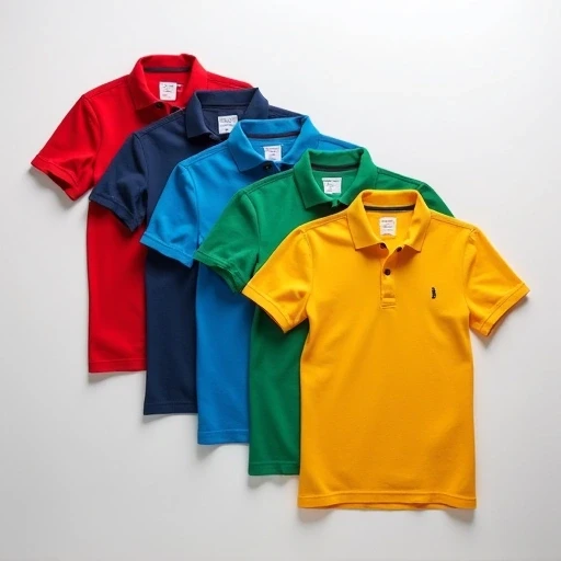Flat lay of polo T-shirts in vibrant red, blue, green, yellow, and white colors neatly arranged for export catalog display from Tiruppur knitwear manufacturer.