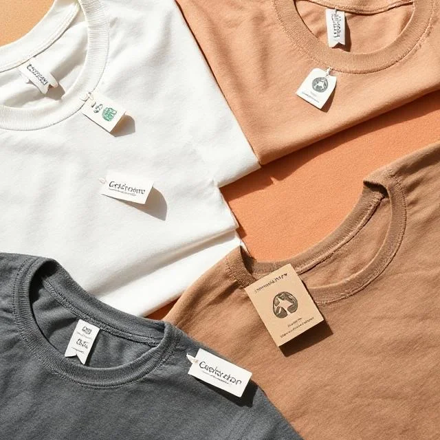 Close-up flat lay of eco-friendly T-shirts showing organic cotton labels and recycled paper tags - sustainable textile manufacturer Tiruppur India.