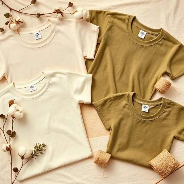 Flat lay of eco-friendly cotton T-shirts in beige and olive tones with cotton plant props - eco fashion T-shirt manufacturer Tiruppur India.