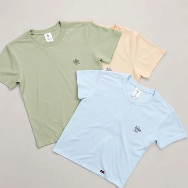 Flat lay of custom T-shirts with printed chest and sleeve logos in black, white, and grey colors - export-quality cotton tees for fashion brands made in Tiruppur India.