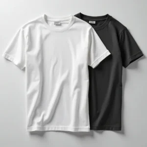 Flat lay of two plain T-shirts in light, medium, and dark grey shades arranged parallel on neutral background for apparel catalog photography.