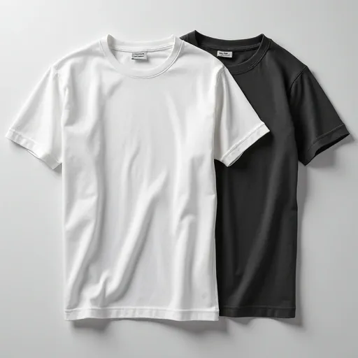 Flat lay of two plain T-shirts in light, medium, and dark grey shades arranged parallel on neutral background for apparel catalog photography.