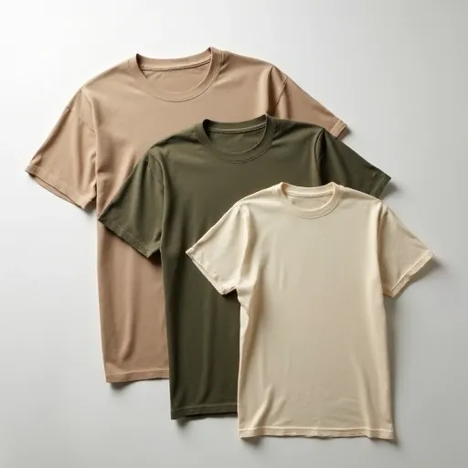Plain T-shirts in earthy tones beige, olive, and stone grey arranged flatly for fabric texture showcase by Indian T-shirt manufacturer.