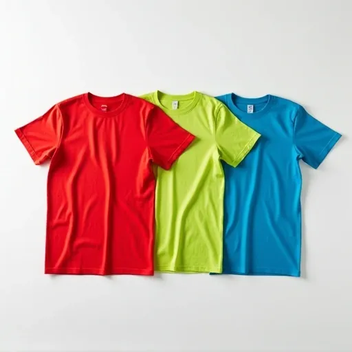 Plain T-shirts in bright solid colors red, green, yellow, and blue laid flat side-by-side on clean white background, custom T-shirt manufacturer Tiruppur.