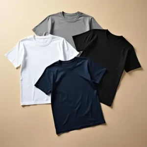 Flat lay of plain cotton T-shirts in solid colors white, black, navy, and grey — export-quality fabric photographed for catalog display in Tiruppur India.