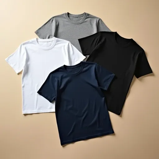Flat lay of plain cotton T-shirts in solid colors white, black, navy, and grey — export-quality fabric photographed for catalog display in Tiruppur India.